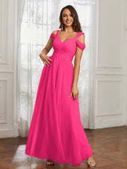 Off-the-shoulder Ruched Tulle A-line Dress Fuchsia
