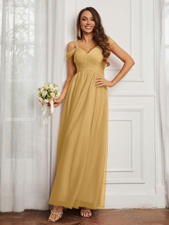 Off-the-shoulder Ruched Tulle A-line Dress Gold