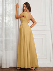 Off-the-shoulder Ruched Tulle A-line Dress Gold
