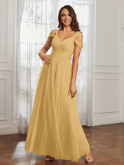 Off-the-shoulder Ruched Tulle A-line Dress Gold Plus Size