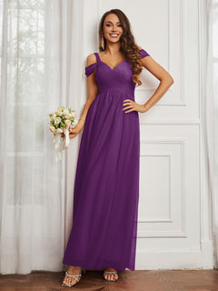 Off-the-shoulder Ruched Tulle A-line Dress Grape