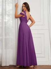 Off-the-shoulder Ruched Tulle A-line Dress Grape