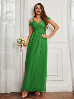 Off-the-shoulder Ruched Tulle A-line Dress Green