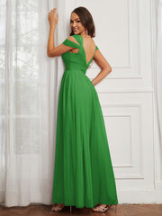 Off-the-shoulder Ruched Tulle A-line Dress Green