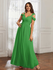 Off-the-shoulder Ruched Tulle A-line Dress Green Plus Size