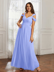 Off-the-shoulder Ruched Tulle A-line Dress Lavender
