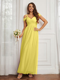 Off-the-shoulder Ruched Tulle A-line Dress Lemon