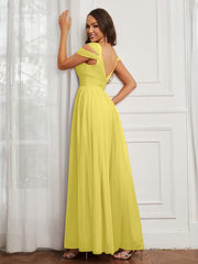 Off-the-shoulder Ruched Tulle A-line Dress Lemon