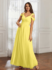 Off-the-shoulder Ruched Tulle A-line Dress Lemon