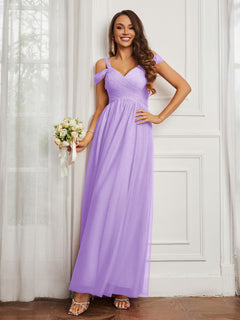 Off-the-shoulder Ruched Tulle A-line Dress Lilac