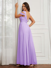 Off-the-shoulder Ruched Tulle A-line Dress Lilac