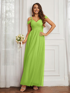 Off-the-shoulder Ruched Tulle A-line Dress Lime Green