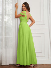 Off-the-shoulder Ruched Tulle A-line Dress Lime Green