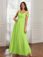 Off-the-shoulder Ruched Tulle A-line Dress Lime Green Plus Size