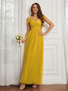 Off-the-shoulder Ruched Tulle A-line Dress Marigold