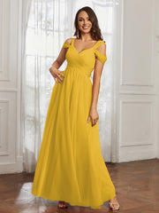 Off-the-shoulder Ruched Tulle A-line Dress Marigold