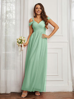 Off-the-shoulder Ruched Tulle A-line Dress Mint Green
