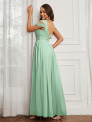 Off-the-shoulder Ruched Tulle A-line Dress Mint Green