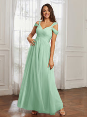 Off-the-shoulder Ruched Tulle A-line Dress Mint Green