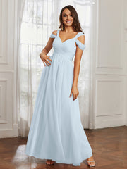 Off-the-shoulder Ruched Tulle A-line Dress Mist