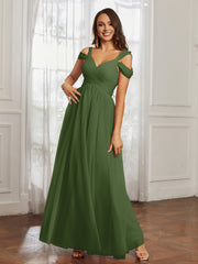 Off-the-shoulder Ruched Tulle A-line Dress Moss Plus Size