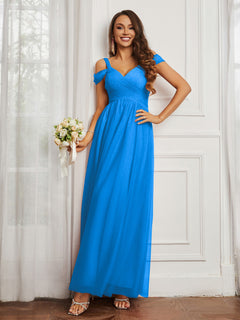 Off-the-shoulder Ruched Tulle A-line Dress Ocean Blue