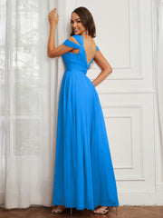 Off-the-shoulder Ruched Tulle A-line Dress Ocean Blue Plus Size
