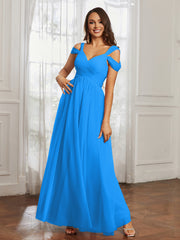 Off-the-shoulder Ruched Tulle A-line Dress Ocean Blue