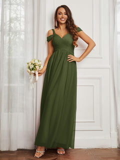 Off-the-shoulder Ruched Tulle A-line Dress Olive Green