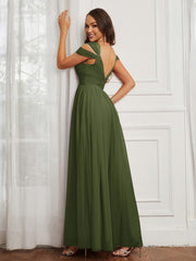 Off-the-shoulder Ruched Tulle A-line Dress Olive Green
