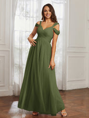 Off-the-shoulder Ruched Tulle A-line Dress Olive Green