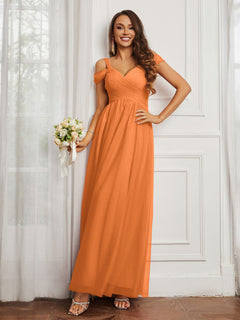 Off-the-shoulder Ruched Tulle A-line Dress Orange