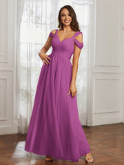 Off-the-shoulder Ruched Tulle A-line Dress Orchid