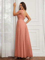 Off-the-shoulder Ruched Tulle A-line Dress Papaya
