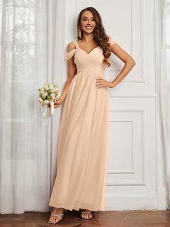 Off-the-shoulder Ruched Tulle A-line Dress Peach