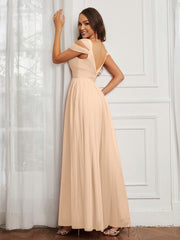 Off-the-shoulder Ruched Tulle A-line Dress Peach