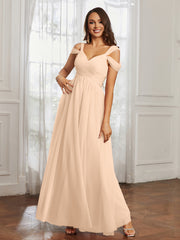 Off-the-shoulder Ruched Tulle A-line Dress Peach Plus Size