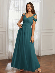 Off-the-shoulder Ruched Tulle A-line Dress Peacock Plus Size