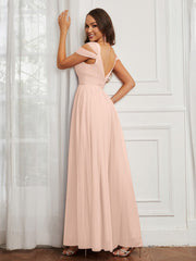 Off-the-shoulder Ruched Tulle A-line Dress Pearl Pink