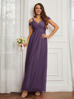 Off-the-shoulder Ruched Tulle A-line Dress Plum
