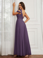 Off-the-shoulder Ruched Tulle A-line Dress Plum
