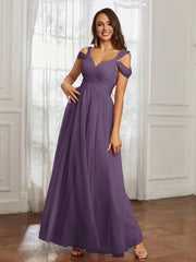 Off-the-shoulder Ruched Tulle A-line Dress Plum