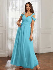 Off-the-shoulder Ruched Tulle A-line Dress Pool Plus Size