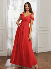 Off-the-shoulder Ruched Tulle A-line Dress Red Plus Size