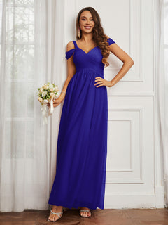 Off-the-shoulder Ruched Tulle A-line Dress Royal Blue