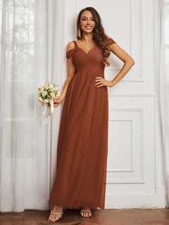 Off-the-shoulder Ruched Tulle A-line Dress Rust