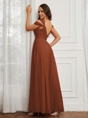 Off-the-shoulder Ruched Tulle A-line Dress Rust