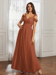 Off-the-shoulder Ruched Tulle A-line Dress Rust