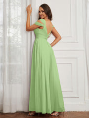 Off-the-shoulder Ruched Tulle A-line Dress Sage