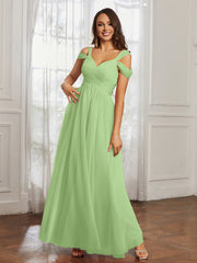 Off-the-shoulder Ruched Tulle A-line Dress Sage Plus Size